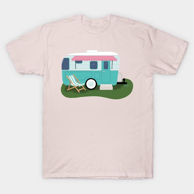 Let's Go Camping! Vintage Aqua Camper T-Shirt by CheriesArt